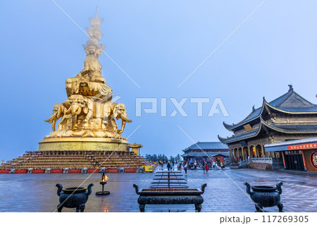 The Golden Summit at Mount Emei, Sichuan China with exquisite giant gold statue of Samantabhadra or Puxian Buddha is popular tourism landmark 117269305