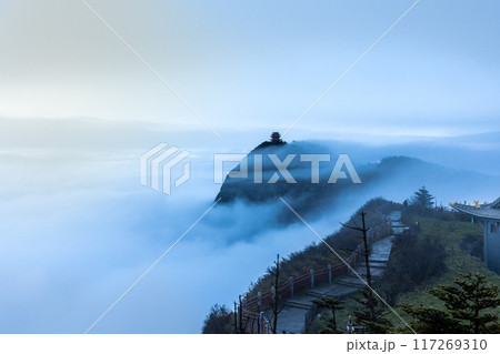 Morning scenic view with cloudscape from Mount Emei or Emeishan, Sichuan China. 117269310