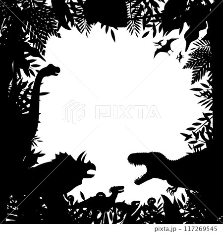 ティラノサウルスとトリケラトプス　太古の植物と白亜紀の陸恐竜のシルエットフレーム（背景） 117269545