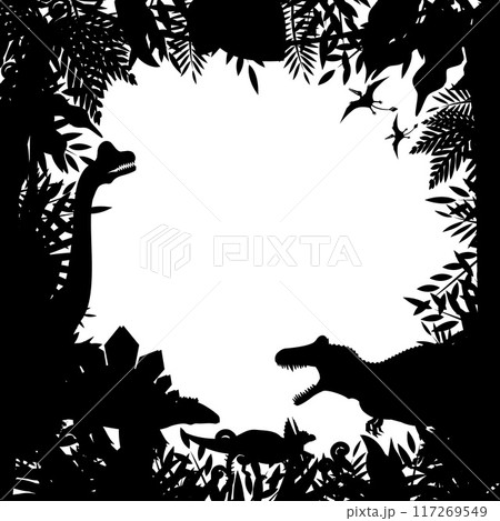アロサウルスとステゴサウルス　太古の植物とジュラ紀の陸恐竜のシルエットフレーム（背景） 117269549