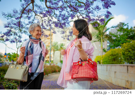 Stylish elderly woman and her friend enjoying a chat under a vibrant jacaranda tree on a bright day. 117269724