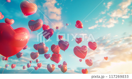 青空を舞い上がるたくさんのハート型の風船 AI生成画像 青空を舞い上がるたくさんのハート型の風船 AI生成画像 117269833