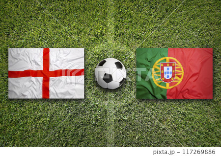 England vs. Portugal flags on soccer field 117269886