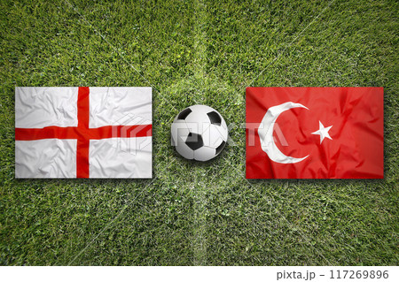England vs. Turkey flags on soccer field 117269896