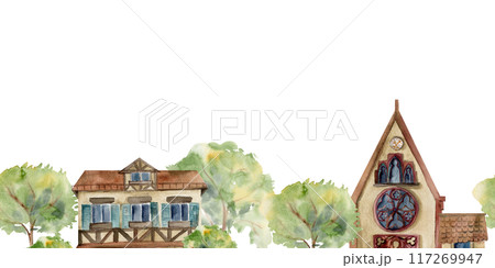 Old European city town street houses church, urban facades, trees. Historical cityscape building. Watercolor hand drawn seamless banner. For tourist shops, souvenirs, travel brochures, real estate Old European city town street houses church, urban facades, trees. Historical cityscape building. Watercolor hand drawn seamless banner. For tourist shops, souvenirs, travel brochures, real estate 117269947