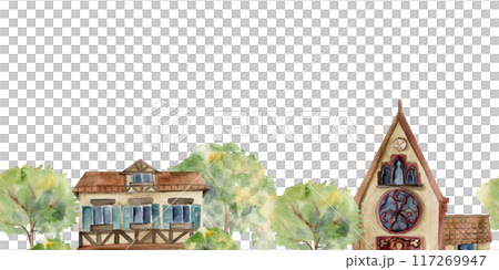 Old European city town street houses church, urban facades, trees. Historical cityscape building. Watercolor hand drawn seamless banner. For tourist shops, souvenirs, travel brochures, real estate Old European city town street houses church, urban facades, trees. Historical cityscape building. Watercolor hand drawn seamless banner. For tourist shops, souvenirs, travel brochures, real estate 117269947
