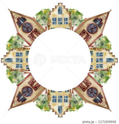 Old European city town street house church. Historical cityscape religious building, green trees. Watercolor hand drawn wreath frame. Tourist shops, souvenirs, travel brochures, architectural bureau Old European city town street house church. Historical cityscape religious building, green trees. Watercolor hand drawn wreath frame. Tourist shops, souvenirs, travel brochures, architectural bureau 117269948