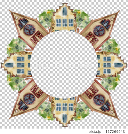 Old European city town street house church. Historical cityscape religious building, green trees. Watercolor hand drawn wreath frame. Tourist shops, souvenirs, travel brochures, architectural bureau Old European city town street house church. Historical cityscape religious building, green trees. Watercolor hand drawn wreath frame. Tourist shops, souvenirs, travel brochures, architectural bureau 117269948