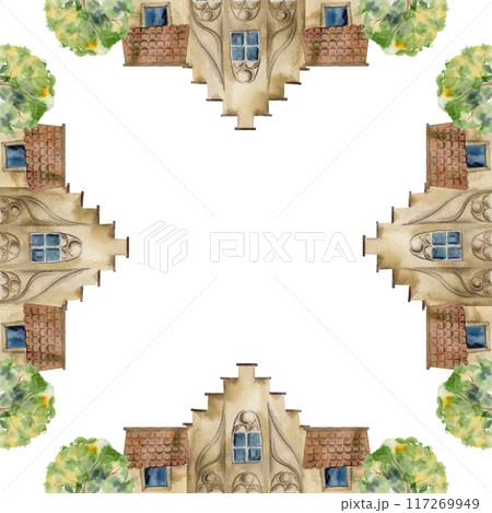 Old European city town street houses, urban exterior facades. Historical cityscape building. Watercolor hand drawn border frame. For tourist shops, souvenirs, travel brochures, architectural bureau Old European city town street houses, urban exterior facades. Historical cityscape building. Watercolor hand drawn border frame. For tourist shops, souvenirs, travel brochures, architectural bureau 117269949