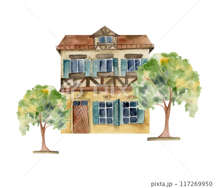 Old European city town street houses urban facades. Historical cityscape building, green trees. Watercolor hand drawn illustration. For tourist shops, souvenirs, travel brochures, architectural bureau Old European city town street houses urban facades. Historical cityscape building, green trees. Watercolor hand drawn illustration. For tourist shops, souvenirs, travel brochures, architectural bureau 117269950