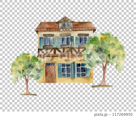 Old European city town street houses urban facades. Historical cityscape building, green trees. Watercolor hand drawn illustration. For tourist shops, souvenirs, travel brochures, architectural bureau Old European city town street houses urban facades. Historical cityscape building, green trees. Watercolor hand drawn illustration. For tourist shops, souvenirs, travel brochures, architectural bureau 117269950