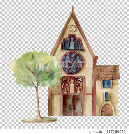 Old European city town street house church. Historical cityscape religious building, green trees. Watercolor hand drawn illustration. Tourist shops, souvenirs, travel brochures, architectural bureau Old European city town street house church. Historical cityscape religious building, green trees. Watercolor hand drawn illustration. Tourist shops, souvenirs, travel brochures, architectural bureau 117269951