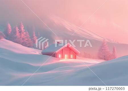 雪山と山小屋のミニマルな背景　AI生成画像 117270003