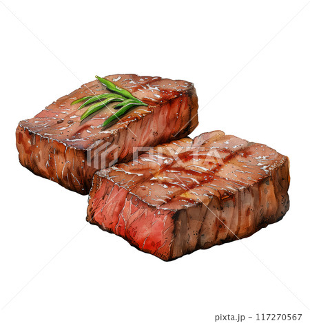 Watercolor grilled pork or pork chop steak with herb rosemary and spices vegetable isolated on white background for clip art element illustration 117270567