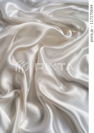 Close-up view of white fabric with slight curl, smooth texture, and wrinkled surface. Fabric possibly made from silk or satin, with blurred background drawing focus to its intricate details. 117270694