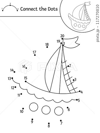 Vector mermaid dot-to-dot and color activity with cute ship. Ocean kingdom connect the dots game with water transport. Marine coloring page for kids. Underwater printable worksheet 117270810