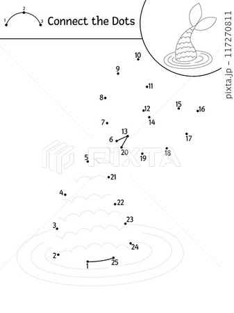 Vector dot-to-dot and color activity with cute mermaid tail. Ocean kingdom connect the dots game with sea princess. Marine coloring page for kids. Underwater printable worksheet 117270811