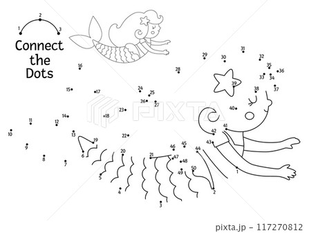 Vector dot-to-dot and color activity with cute swimming mermaid. Ocean kingdom connect the dots game with sea princess. Marine coloring page for kids. Underwater printable worksheet 117270812