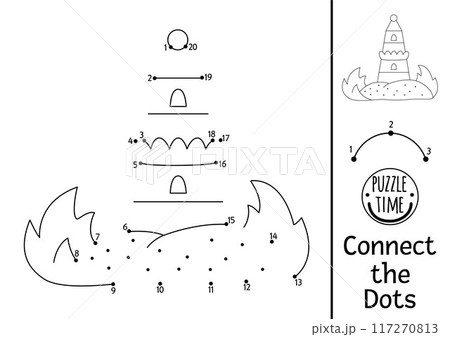 Vector mermaid dot-to-dot and color activity with cute lighthouse. Ocean kingdom connect the dots game with signal. Marine coloring page for kids. Underwater printable worksheet 117270813
