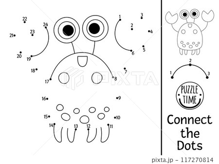Vector mermaid dot-to-dot and color activity with cute crab. Ocean kingdom connect the dots game with water animal. Marine coloring page for kids. Underwater printable worksheet 117270814