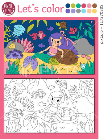 Mermaid coloring page for children with sea princess and turtle. Vector outline illustration with ocean kingdom scene. Color book for kids. Underwater drawing skills printable worksheet Mermaid coloring page for children with sea princess and turtle. Vector outline illustration with ocean kingdom scene. Color book for kids. Underwater drawing skills printable worksheet 117270885