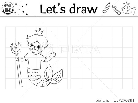 Draw the merman. Vector ocean kingdom drawing practice worksheet with sea prince. Underwater printable black and white activity for kids. Marine copy or complete the picture coloring page Draw the merman. Vector ocean kingdom drawing practice worksheet with sea prince. Underwater printable black and white activity for kids. Marine copy or complete the picture coloring page 117270891