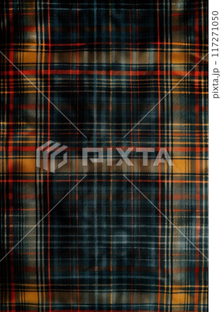 Vibrant plaid fabric with intricate diagonal stripes in deep blues, fiery reds, and sunny yellows. Slightly wrinkled texture suggests folded or draped design. Focus on unique pattern and colors. Vibrant plaid fabric with intricate diagonal stripes in deep blues, fiery reds, and sunny yellows. Slightly wrinkled texture suggests folded or draped design. Focus on unique pattern and colors. 117271050