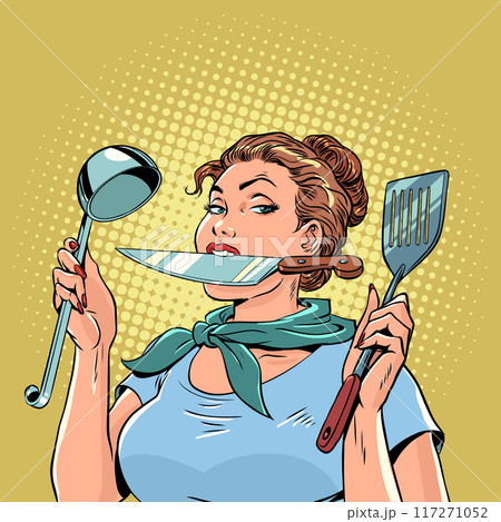 Woman holding kitchen utensils. Household utensils for cooking in the kitchen. Offer from the restaurant for customers. Woman holding kitchen utensils. Household utensils for cooking in the kitchen. Offer from the restaurant for customers. 117271052