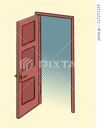 Pop Art Retro Minimalist door design for home. Entering an unknown and frightening future. Open door with simple empty background. Pop Art Retro Minimalist door design for home. Entering an unknown and frightening future. Open door with simple empty background. 117271123