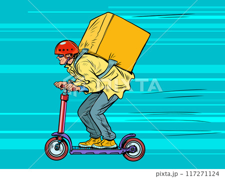 Pop Art Retro Male courier on a scooter with large luggage. 24-hour fast and high-quality food delivery. Work in a restaurant or cafe. Pop Art Retro Male courier on a scooter with large luggage. 24-hour fast and high-quality food delivery. Work in a restaurant or cafe. 117271124