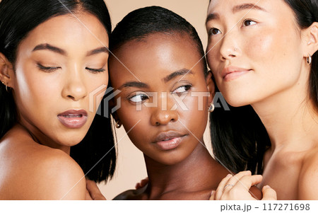 Skincare, cosmetics and diversity, women with beauty and wellness, cropped on studio background. Health, culture and luxury skin care for beautiful people with natural makeup for international market 117271698
