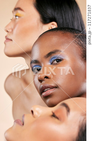 Makeup, beauty and portrait of a black woman with friends for cosmetics isolated on studio background. Skincare, peace and face of an African model with women for a cosmetology campaign on a backdrop 117271837