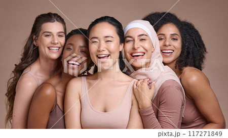 Happy, portrait and women with diversity and beauty, friends together and inclusion, pride in different skin and studio background. Skincare, glow and empowerment with multicultural models. Happy, portrait and women with diversity and beauty, friends together and inclusion, pride in different skin and studio background. Skincare, glow and empowerment with multicultural models. 117271849
