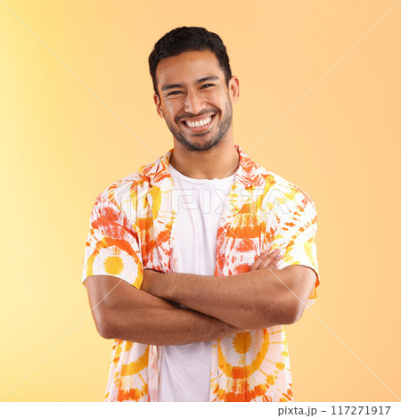 Shirt, portrait and man with arms crossed in studio isolated on a yellow background. Fashion, aesthetic and happy, proud and confident man from Singapore in stylish, cool or designer tie dye clothing Shirt, portrait and man with arms crossed in studio isolated on a yellow background. Fashion, aesthetic and happy, proud and confident man from Singapore in stylish, cool or designer tie dye clothing 117271917