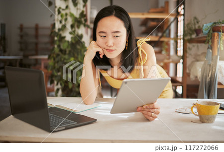 Thinking, research and tablet with asian woman confused in startup for management, planning or innovation. Idea, vision and creative with small business owner for branding, agenda or web design Thinking, research and tablet with asian woman confused in startup for management, planning or innovation. Idea, vision and creative with small business owner for branding, agenda or web design 117272066
