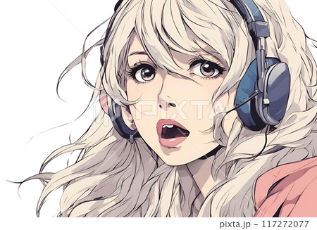 ヘッドフォンをして歌っているような口の女性の透過イラスト 117272077