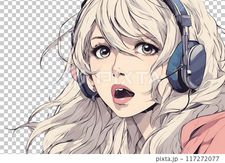ヘッドフォンをして歌っているような口の女性の透過イラスト 117272077
