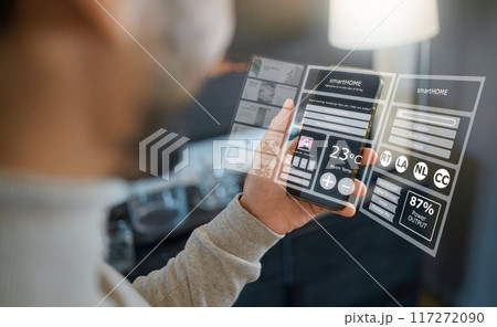 Smart home technology, phone hologram or man programming air conditioning, safety security network or house automation dashboard. Software system hud, virtual ui screen or person with digital IOT app Smart home technology, phone hologram or man programming air conditioning, safety security network or house automation dashboard. Software system hud, virtual ui screen or person with digital IOT app 117272090