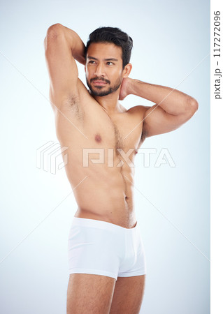 Fitness, underwear or man in studio for training, body exercise or bodybuilding workout for wellness. White background, motivation or healthy male model body builder with muscle development or goals Fitness, underwear or man in studio for training, body exercise or bodybuilding workout for wellness. White background, motivation or healthy male model body builder with muscle development or goals 117272096