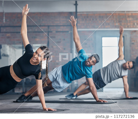 Fitness, team and stretching arms for workout, exercise or training together with smile at the gym. Active people in a sports class for warm up stretch, arm and body balance in healthy wellness Fitness, team and stretching arms for workout, exercise or training together with smile at the gym. Active people in a sports class for warm up stretch, arm and body balance in healthy wellness 117272136