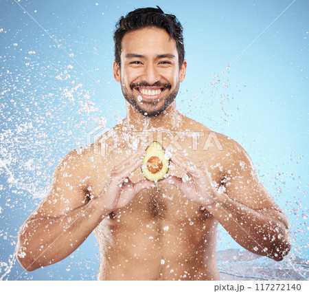 water splash, avocado or portrait of man with skincare, beauty or natural organic products for a glowing body goals. Smile, face or happy male model cleaning or washing with vegan cosmetics in studio water splash, avocado or portrait of man with skincare, beauty or natural organic products for a glowing body goals. Smile, face or happy male model cleaning or washing with vegan cosmetics in studio 117272140