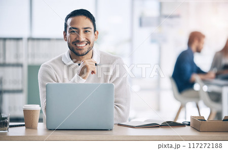 Laptop, office and portrait of Asian businessman with smile on face for confidence, leadership and success. Startup, tech and male entrepreneur ready for planning, strategy and working on computer Laptop, office and portrait of Asian businessman with smile on face for confidence, leadership and success. Startup, tech and male entrepreneur ready for planning, strategy and working on computer 117272188