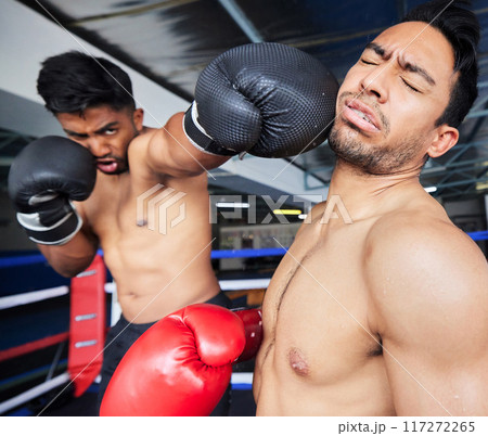 Fitness, exercise and boxing match, punch or knock out in ring. Healthcare, sports or boxers, athletes or fighters fighting in competition, training or workout for wellness in gym or fitness center. 117272265