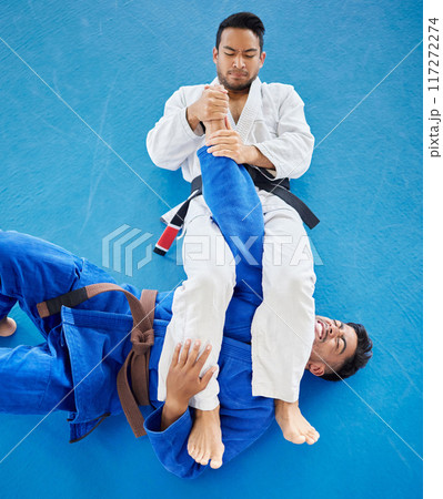 Karate, fight and top view for martial arts sports competiotion or personal trainer, coach and mma fighting workout. Taekwondo training, fitness exercise teacher and wrestling challenge on gym floor 117272274