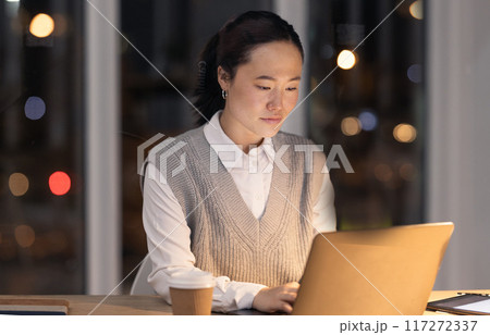 Overtime, email and business woman on a laptop, typing and planning on the internet in a dark office. Corporate, strategy and Asian employee working on the web for a deadline on a pc at night Overtime, email and business woman on a laptop, typing and planning on the internet in a dark office. Corporate, strategy and Asian employee working on the web for a deadline on a pc at night 117272337