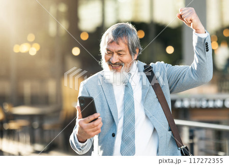 Happy businessman, winner or phone celebration for lottery, success corporate deal or financial company growth in city. Smile, fist pump or wow senior man winning online competition on smartphone app 117272355