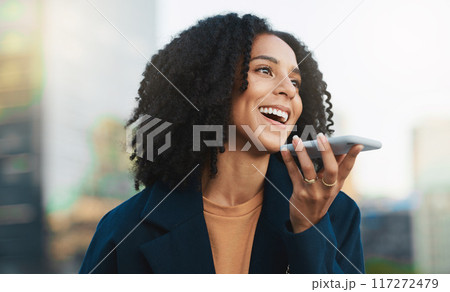 Phone call, loudspeaker or business woman with 5g network in city, street or road for networking, communication or contact us. Happy, smile or travel girl with phone, cellphone or smartphone for call 117272479