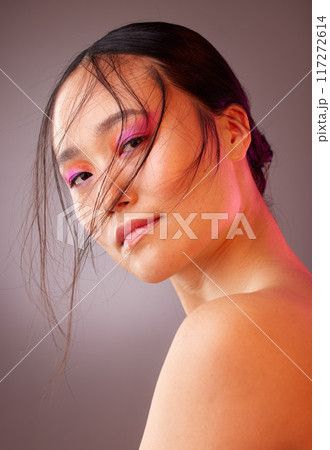 Skincare, beauty and pink makeup, portrait of woman from Japan, neon eyeshadow on face. Health, luxury and edgy fashion, creative skin care product treatment and healthy cosmetic glow on asian girl. Skincare, beauty and pink makeup, portrait of woman from Japan, neon eyeshadow on face. Health, luxury and edgy fashion, creative skin care product treatment and healthy cosmetic glow on asian girl. 117272614