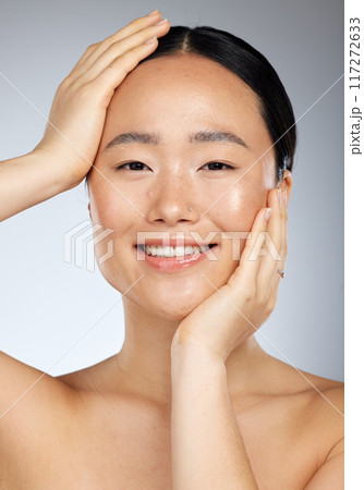 Beauty, skincare and face portrait of Asian woman with smile, natural and healthy skin. Beauty products, skincare products and body care of girl with facial glow for spa, wellness and dermatology 117272633