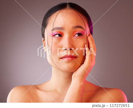Beauty, skin and face, woman and makeup, facial treatment and skincare, pose in natural cosmetic advertising with studio background. Body care, wellness and glow mockup, Asian model and cosmetology. 117272651